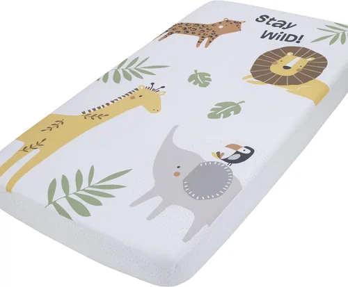 Vista 8 de NoJo Sleepysaurus - Sábana bajera ajustable para cuna, 100% algodón, diseño de hojas de dinosaurio azul, amarillo, gris y blanco