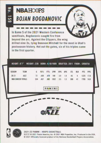 Vista 2 de 2021-22 Panini Hoops #159 Bojan Bogdanovic NM-MT Jazz