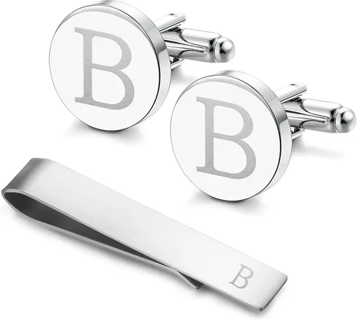 Vista 63 de LOYALLOOK - Gemelos de acero inoxidable grabados con inicial y clip de corbata, diseño de letras del alfabeto con caja de regalo, A-Z