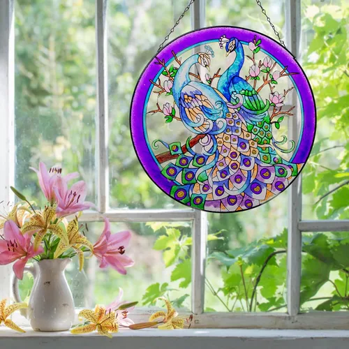 Vista 2 de Colgantes de ventana de cristal de pavo real de 11.8 pulgadas, decoración artística de pared de pavo real, panel atrapasoles con cadena (morado)