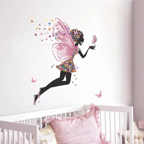 Vista 6 de Calcomanías de pared de mariposa para niña, calcomanías de pared de hadas de flores, calcomanías de vinilo extraíbles para niñas, bebés, guardería