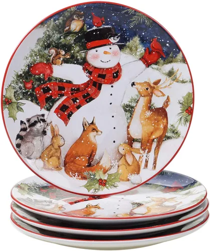 Vista 2 de Magic of Christmas Snowman - Juego de vajilla navideña de 16 piezas, servicio para 4, platos alegres de invierno, tazas y cuencos para comidas