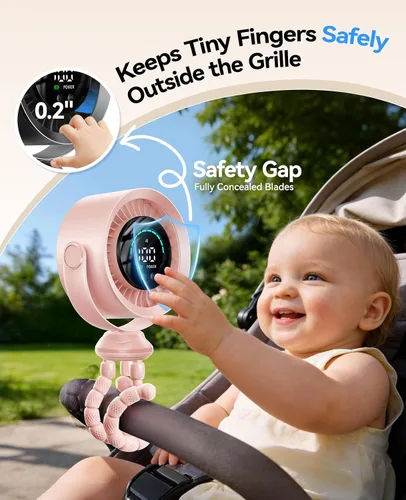 Vista 2 de Ventilador portátil para cochecito, rotación de 360°, 17 horas de Rosa