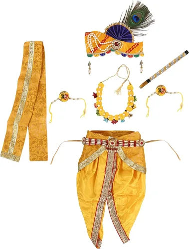 Vista 5 de Raj Fancy Dresses Vestido Shri Krishna para bebés, niño y niña, vestido Janmashtmi con Dhoti Dupatta, vestido Kanha, para 3 meses a 8 años