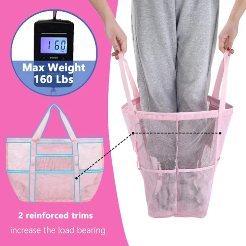 Vista 6 de Bolsa de playa de malla, bolsas grandes de playa con cremallera, bolsa de piscina para juguetes para viajes familiares, vacaciones, cruceros