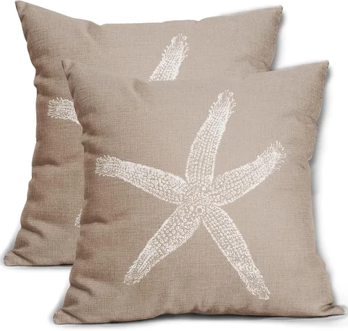 Vista 11 de Sweetshow Juego de 2 fundas de almohada cuadradas de lino con estrellas de mar negras de 16 x 16 pulgadas, decoración náutica costera de playa
