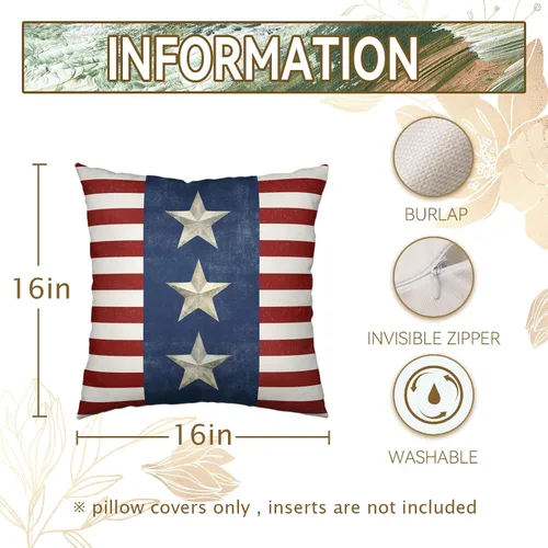 Vista 2 de Juego de 2 fundas de almohada de 16 x 16 pulgadas, diseño patriótico de bandera estadounidense con estrellas para exteriores, estilo casa de campo