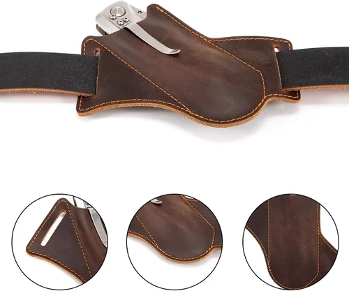 Vista 4 de Funda de cuero para cuchillo, soporte para cuchillos de bolsillo, organizador de bolsillo para cinturón EDC, hecha a mano con dibujo cruzado