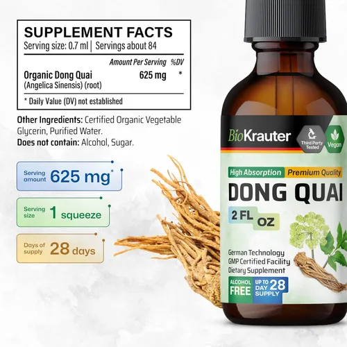 Vista 3 de BIO KRAUTER Suplementos de menopausia para mujeres* - Dong Quai Drops 2 onzas líquidas 28 días de suministro - Tintura vegana de raíz de angélica