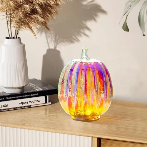 Vista 9 de Romingo Luz de calabaza de cristal de mercurio con temporizador para decoraciones de calabaza de Halloween, decoración de otoño y Acción de Gracias