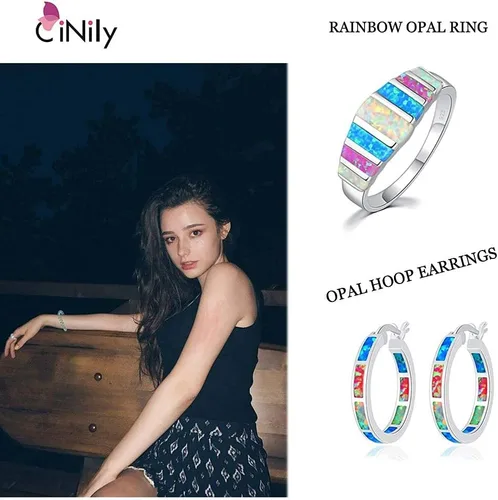 Vista 6 de CiNily Anillos de ópalo para mujer, diseño de ópalo de fuego blanco, azul, rosa, plata, anillo de piedras preciosas chapado en plata, talla 5-13