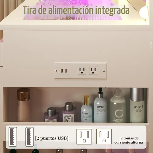 Vista 15 de Escritorio de tocador con espejo iluminado y parte superior transparente, escritorio de tocador de maquillaje con 4 cajones transparentes e