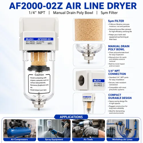 Vista 8 de BLCH Secador de Línea de Aire de 1/4" NPT - Secador de Aire para Compresor, Sistema de Secado de Aire Comprimido AF2000-02Z con Drenaje Manual