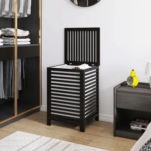 Vista 6 de SMIBUY cesta de lavandería doble con tapa, canasta de lavandería de bambú de 120L con bolsa interior extraíble, clasificador de ropa de 2 secciones