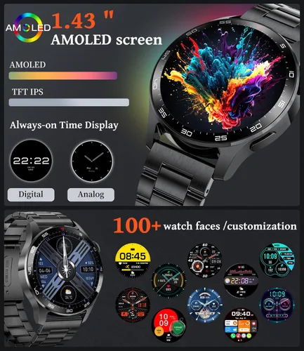Vista 2 de Relojes inteligentes para hombres (respuesta/llamadas de marcación), pantalla AMOLED de 1.43 pulgadas siempre encendida, rastreador de actividad