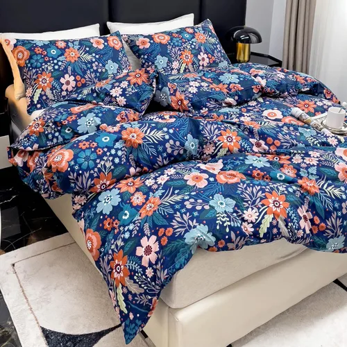 Vista 3 de LAMEJOR Juego de funda de edredón azul tamaño Queen con estampado floral bohemio, juego de ropa de cama suave de 3 piezas, 1 funda de edredón + 2
