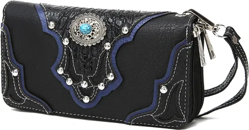 Vista 2 de Conchos tachonado cocodrilo corte láser vaquera Western monedero mujer cartera cartera, Negro