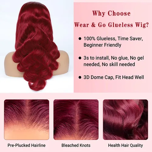 Vista 3 de Wear and Go - Pelucas de cabello humano sin pegamento, precortadas 5x5, con cierre de encaje HD, pelucas de cabello humano 99j con encaje frontal