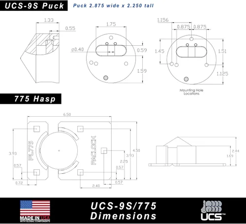 Vista 4 de PACLOCK 's UCS-9S/775 Kit combinado de cerrojo y disco, compre American Act obediente, cuerpo de acero inoxidable, cerrojo gris, cilindro de 6 pines