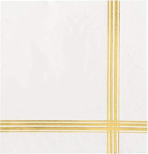 Vista 6 de 50 servilletas doradas negras de 3 capas, servilletas de cóctel de 5 x 5 pulgadas, servilletas de barra de papel dorado con borde de rayas