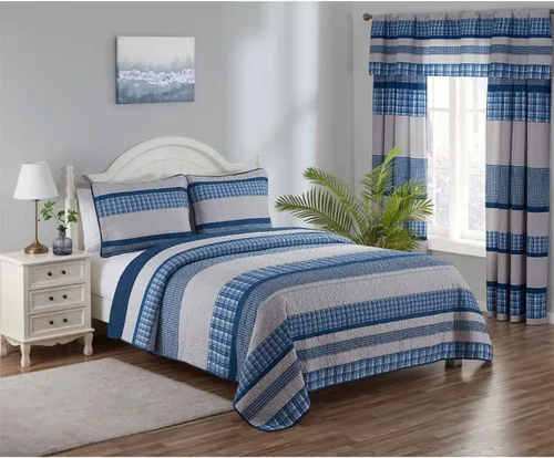 Vista 2 de Legacy Decor Colcha reversible de 3 piezas, diseño de retazos azules y blancos, microfibra ultra suave, tamaño individual