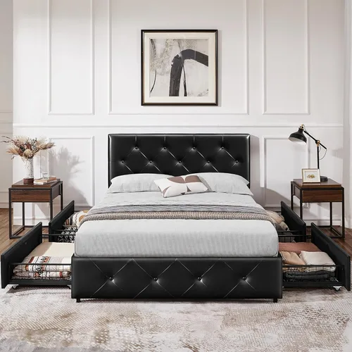 Vista 3 de Yaheetech - Marco de cama tapizado completo con cajones de almacenamiento, color negro PU leather & metal frame with wood slats give sturdy