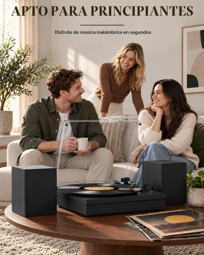 Vista 7 de Reproductor de discos de vinilo con dos altavoces estéreo, tocadiscos con reproducción Bluetooth de 3 velocidades, entrada AUX para auriculares