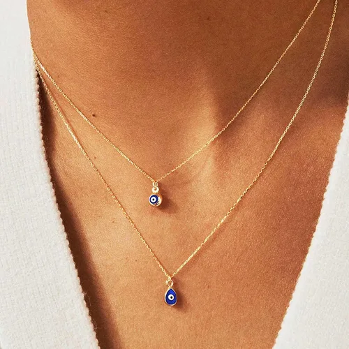 Vista 2 de Collar contra el mal de ojo para mujer, chapado en oro de 14 quilates, delicado collar de mal de ojo, collar con dije de ojo de diamante azul