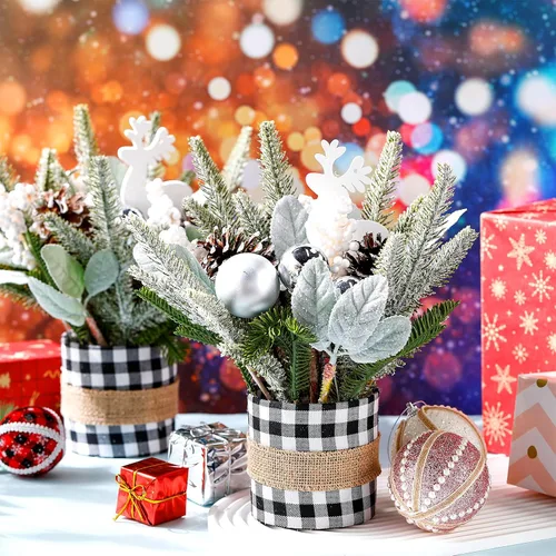 Vista 3 de 2 piezas de centro de mesa de Navidad a cuadros de búfalo árbol de mesa de Navidad, mini decoración artificial de mesa, centro de mesa pequeño