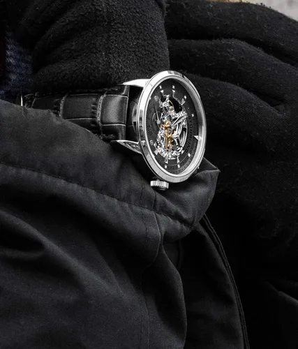 Vista 6 de Stuhrling Original Reloj esqueleto automático para hombre, correa de cuero negro, reloj ejecutivo mecánico plateado