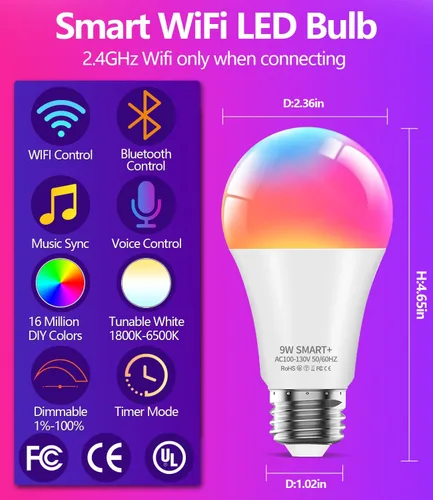 Vista 2 de luckystyle Bombillas inteligentes, 9 W, A19, E26, 800 lúmenes, WiFi, Bluetooth, bombillas LED compatibles con Alexa, Google Assistant y Home, 16