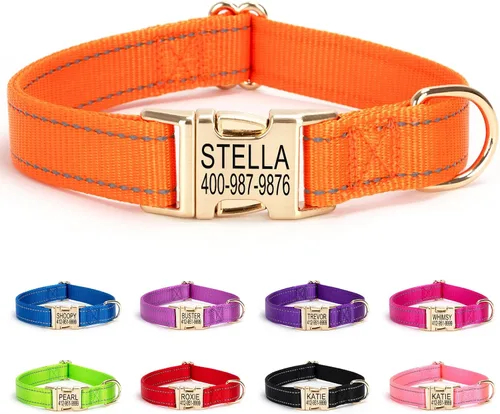 Vista 8 de Collar personalizado para perro con etiqueta de nombre, collar de nailon reflectante para mascotas, collares de perro con hebilla dorada grabada