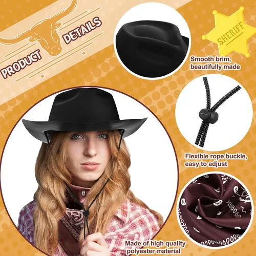 Vista 3 de Hillban Paquete de 48 sombreros de vaquero y bandanas, sombreros de vaquero de plástico de fieltro para mujeres y hombres, suministros de fiesta
