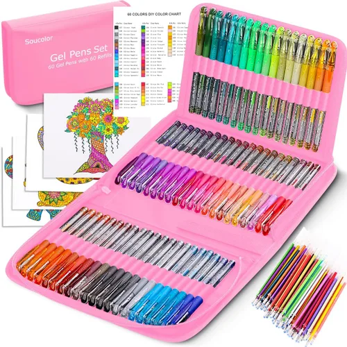 Vista 9 de Soucolor Bolígrafos de gel con purpurina para libros de colorear para adultos, suministros escolares de clase de arte, paquete de 120 unidades, 60