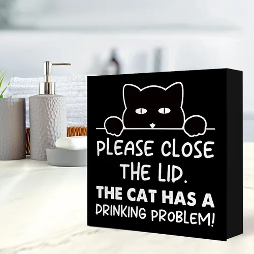 Vista 5 de LVQHI Divertidos carteles de madera para baño, decoración de escritorio de baño, decoración de escritorio de baño, cierre la tapa, el gato tiene un