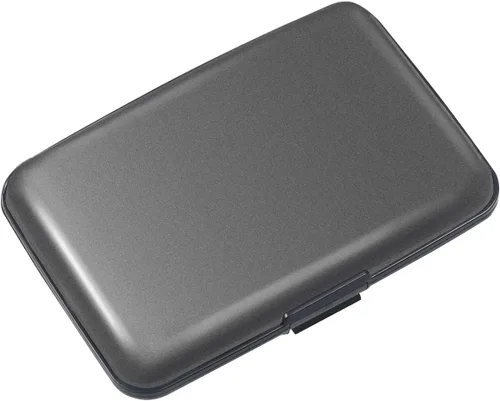 Vista 6 de Coco Rossi Portatarjetas de crédito con bloqueo RFID, mini tarjetero delgado de aluminio duro para hombres o mujeres, Gris (Space Grey)