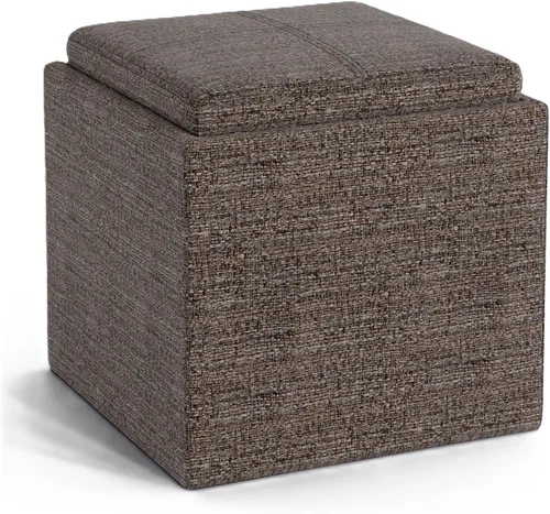 Vista 13 de SIMPLIHOME Rockwood - Otomana de almacenamiento en cubo con bandeja, otomana tapizada de cuero vegano de 17 pulgadas de ancho en marrón envejecido