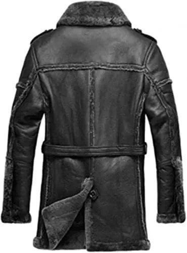Vista 2 de Men's Classic Anti Winter Grey Fur Black Real Sheepskin bomber Leather Duffle Coat