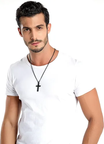 Vista 6 de REVEMCN Collar inspirador de cruz con versículo bíblico para hombres y niños, collar con colgante de cruz de plata negra lisa de acero inoxidable