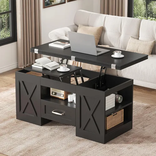 Vista 8 de Saudism Mesa auxiliar elevable de 40 pulgadas, mesas auxiliares multifunción 4 en 1 con cajones de almacenamiento y compartimentos ocultos, mesa