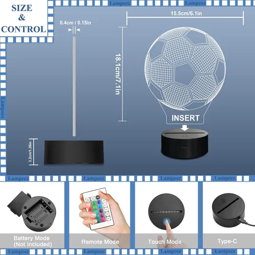 Vista 8 de Lampeez Luces nocturnas de fútbol para niños, luces de fútbol con ilusión 3D, 16 LED, control remoto, cambio de color, lámparas de escritorio