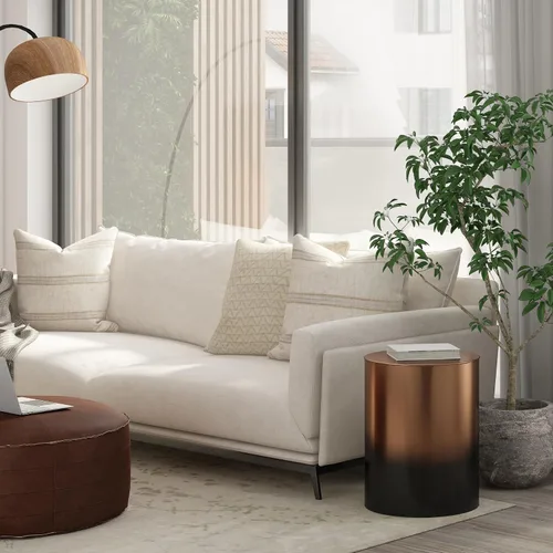 Vista 2 de SIMPLIHOME Curtis - Mesa cilíndrica industrial de metal de 16 pulgadas de ancho en negro degradado/cobre, totalmente montada, para sala de estar