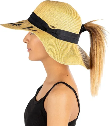 Vista 5 de Funky Junque Sombrero de playa ajustable bordado UPF 50 para mujer, cola de caballo desordenada