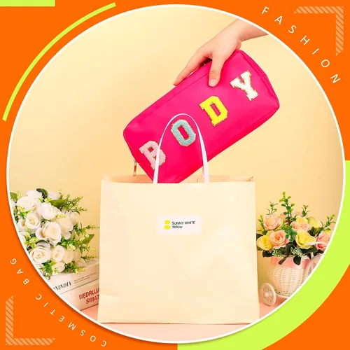 Vista 4 de Pinkunn 4 bolsas de maquillaje de chenilla con parche de letras de chenilla, bolsa de cosméticos para viajes de verano, playa, sol, bolsa
