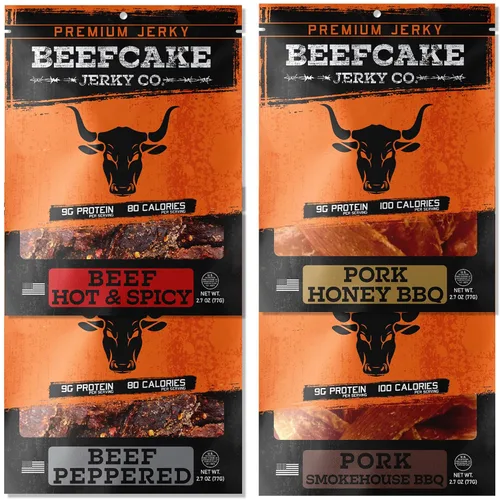 Vista 11 de Beefcake Jerky Ultimate Flavor Sampler (7-Paquete) - Variedad Gourmet de Carne Seca, 9g de Proteína, 80-100 Calorías, 2.7 Oz Cada Una - Snacks