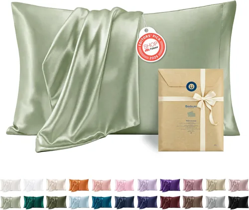 Vista 25 de Bedsure Paquete de 2 fundas de almohada de satén similares a las fundas de almohada de seda tamaño estándar, funda de almohada para mujeres que