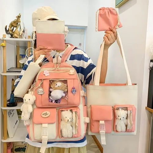Vista 2 de Mochila de viaje para mujer, 5 unidades, diseño de oso con diseño de dibujos animados, alfileres de alta capacidad, ligero, kawaii, preppy, mochila