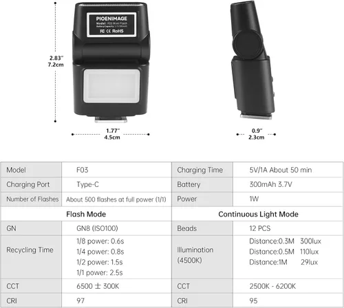 Vista 7 de Mini cámara flash Speedlite con luz de video, GN8 6500K flash externo ajustable, soporte universal de zapata caliente de un solo contacto
