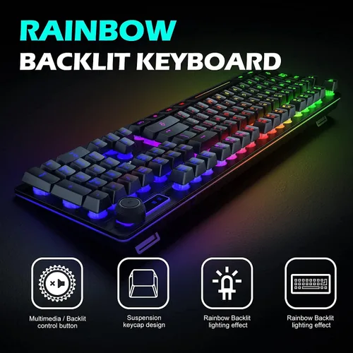 Vista 4 de Teclado para juegos, teclado de membrana con cable de 105 teclas, teclado retroiluminado LED arcoíris, diseño de tecla flotante, panel de aleación