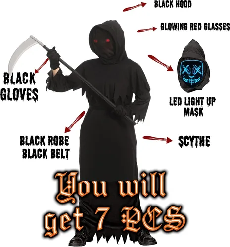 Vista 6 de Grim Reaper Halloween Costume for Kids with Glowing Red Eyes, Scythe, Gloves for Boys, Kids and Adult